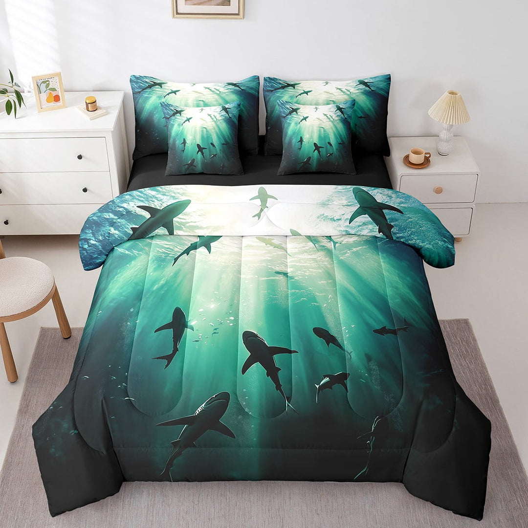 Erosebridal Sharks Comforter Set Twin 7 Pcs Ocean Animals Sea Creatures Theme Bedding Set Marine life Sealife Underwater World Bed in a Bag with Comforter,Sheets