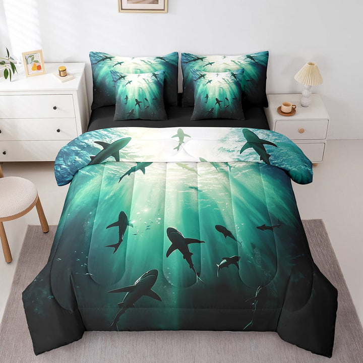 Erosebridal Sharks Comforter Set Twin 7 Pcs Ocean Animals Sea Creatures Theme Bedding Set Marine life Sealife Underwater World Bed in a Bag with Comforter,Sheets