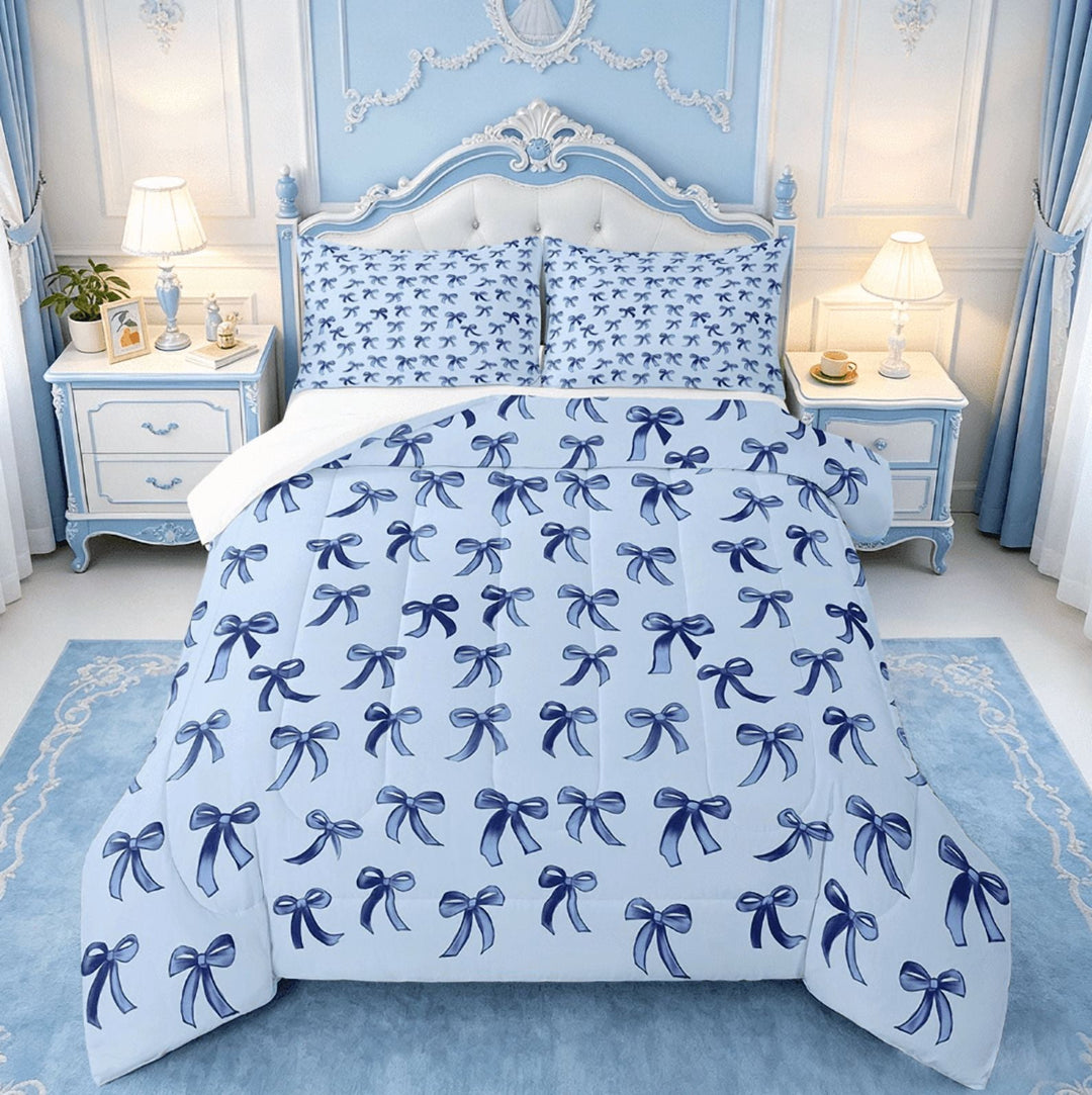 Manfei Cute Bowknot Full Size Comforter Sets,Girls Ribbon Bow Bedding Comforter Set,Dreamy Blue Bowtie Bedding Sets For Girls Kids,Super Cozy Bedroom Decor,3 Pieces