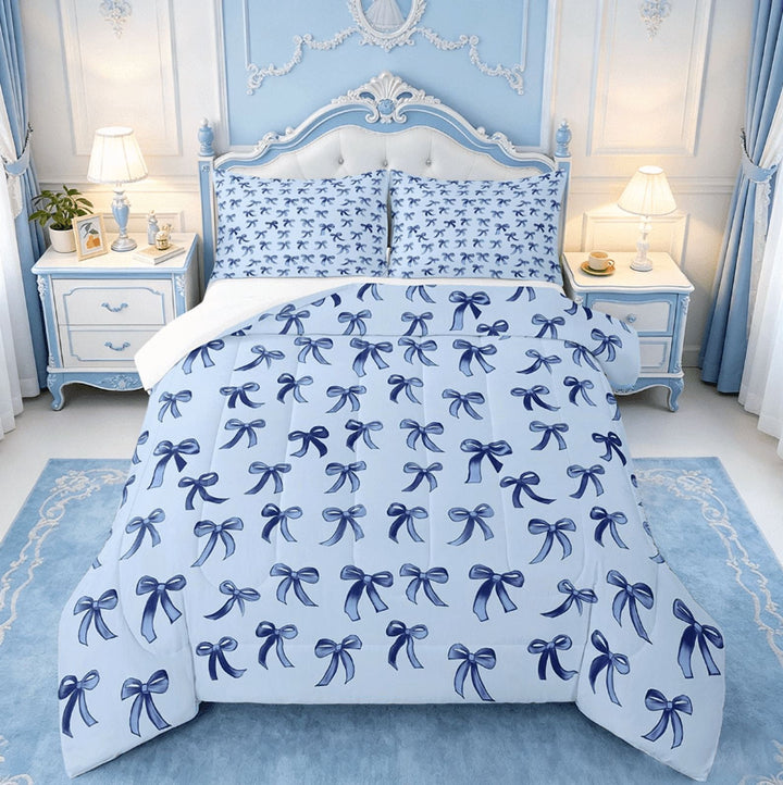 Manfei Cute Bowknot Full Size Comforter Sets,Girls Ribbon Bow Bedding Comforter Set,Dreamy Blue Bowtie Bedding Sets For Girls Kids,Super Cozy Bedroom Decor,3 Pieces