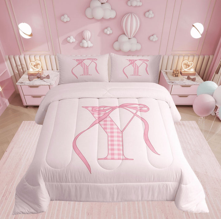 Erosebridal Princess Bow Comforter Sets Twin Size, Pink Buffalo Comforters &amp; Duvets, Initial Y Letter Decor, Reversible 2-Piece
