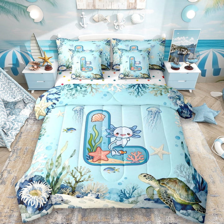 Erosebridal Letter L Monogrammed 7 Pieces Bedding Comforter Set,Kawaii Sea Animal Axolotl Turtle Full Bedding Set For Kids Boys,Reversible
