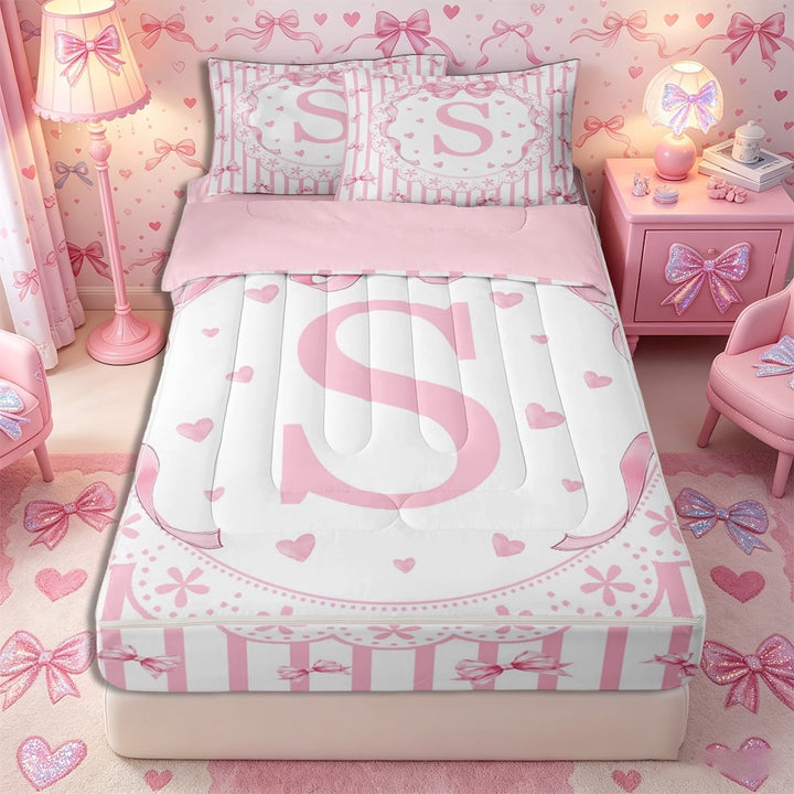 Meiyoeat Watercolor Letter S Print Zipper Twin Comforter Sets with Fitted Sheet and 2 Pillowcases, Cute Stripes Bow Pattern Zipper Bedding Set, Pink White,4-Piece,Pink Reversible