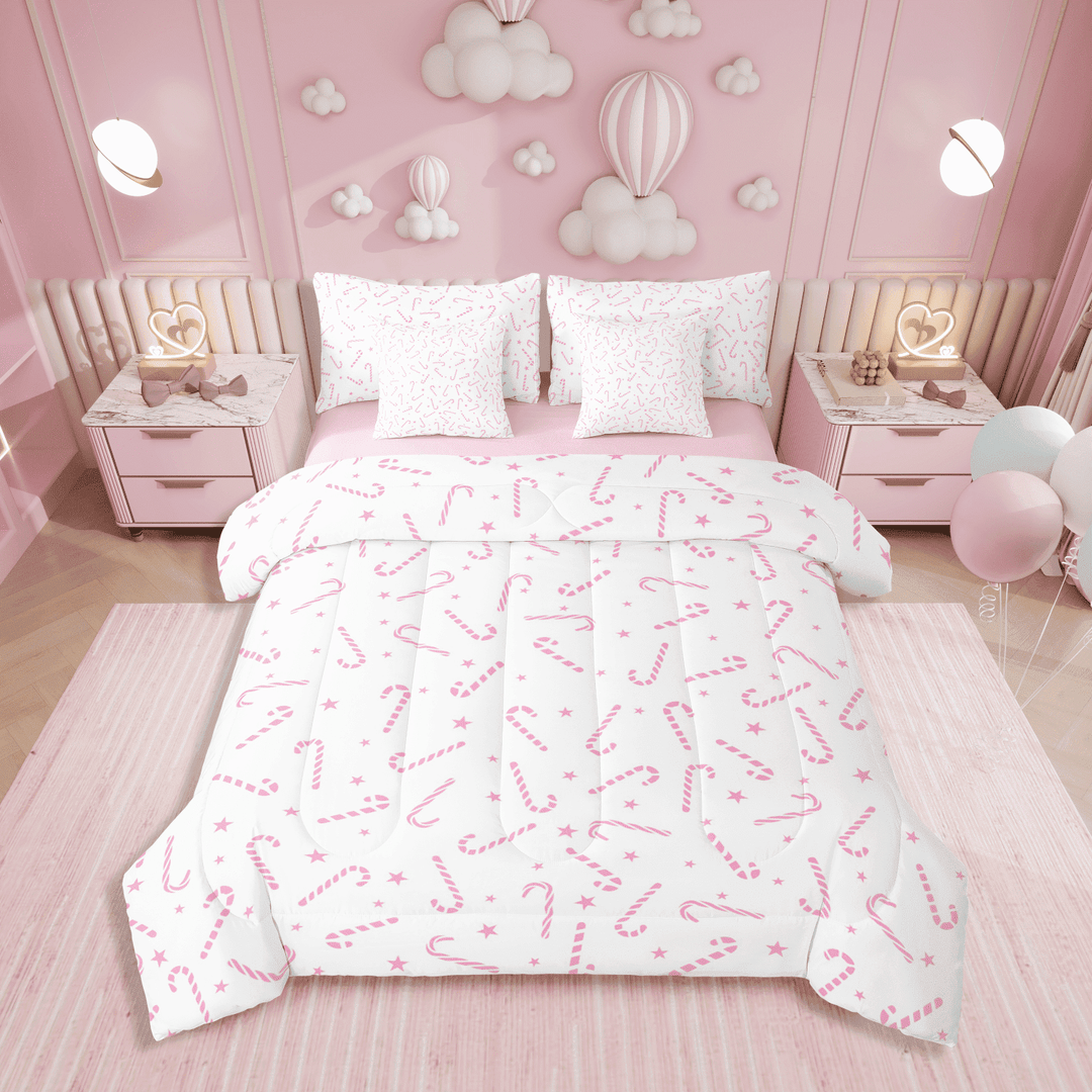 Pink Christmas Comforter Set 7 Piece,Cartoon Christmas Candy Cane Bed in a Bag for Teenage,Xmas Decorations Bedding Sets,Pink White Sheet Set with Comforter,Queen Size