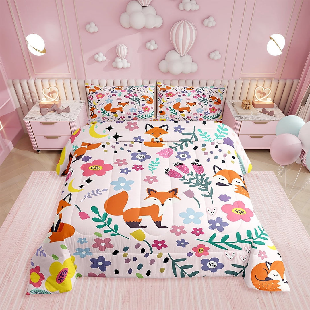 Floral Fox Comforter Full Size,Pink Fox Comforter Set Teens , Bedding Set Printed Comforter with 2 Pillowcases,Down Alternative,(Pink，Full Size)