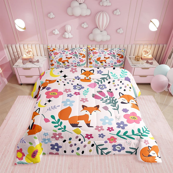 Floral Fox Comforter Full Size,Pink Fox Comforter Set Teens , Bedding Set Printed Comforter with 2 Pillowcases,Down Alternative,(Pink，Full Size)