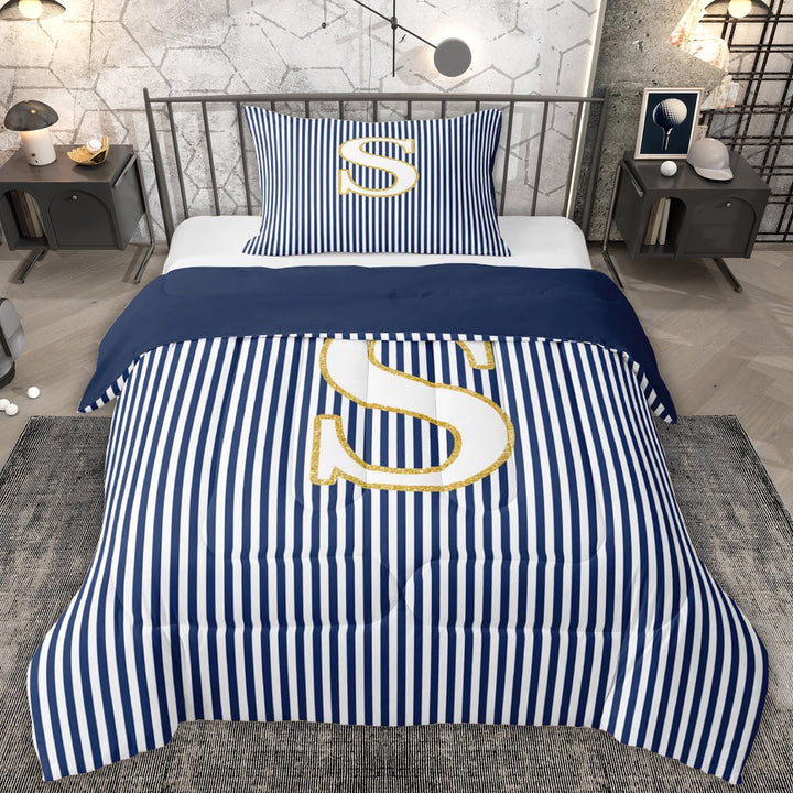 Erosebridal Kids Cartoon Monogrammed S Twin Comforter Sets, Navy Stripes Ombre Bedding Set, 2-Piece