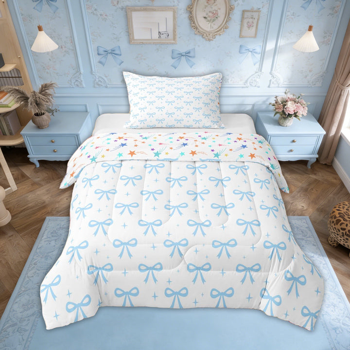 Erosebridal Girls Kawaii Bowknot Twin Comforter Sets, Princess Blue Bow Bedding Set, 2 Pieces