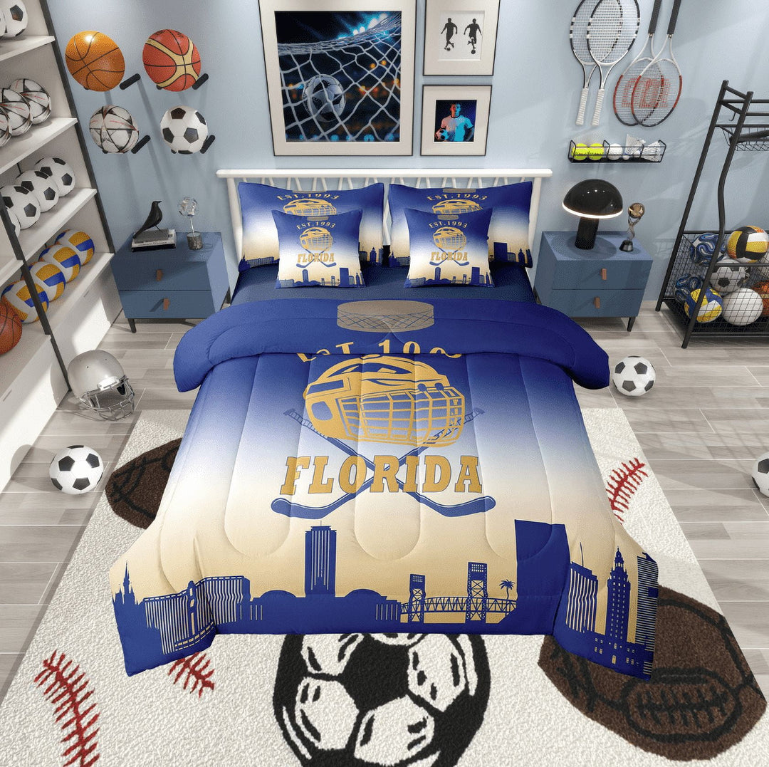 Erosebridal Football City Florida Bedding Twin Size, Soccer Sport Bed in a Bag Twin size, Blue Wheat Reversible Bed Set, Lightweight Bedroom Decorative, 7pcs