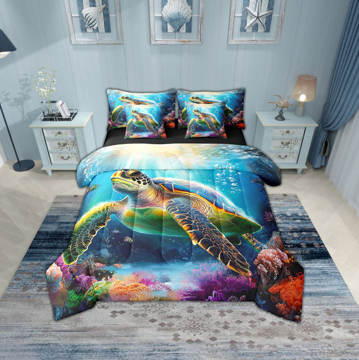 Erosebridal Sea Turtle Bedding Sets Twin Size, Underwater World Comforter Sets with Sheets, Colorful Coral Decor, Reversible