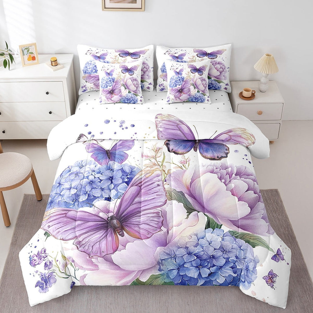 Butterfly Bedding Set 7 Pcs Twin Blue Hydrangea Bed In A Bag Purple Dreamy Butterfly Comforter Set With Sheets Teen Romantic Themed Bed Set Rustic Farm Floral Sheet Set