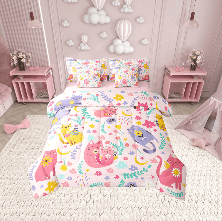 Erosebridal Kawaii Cat Bedding Twin Size, Flower Plant Bed in a Bag Twin size, Cartoon Kitten Reversible Bed Set, Breathable Room Decoration, 7pcs