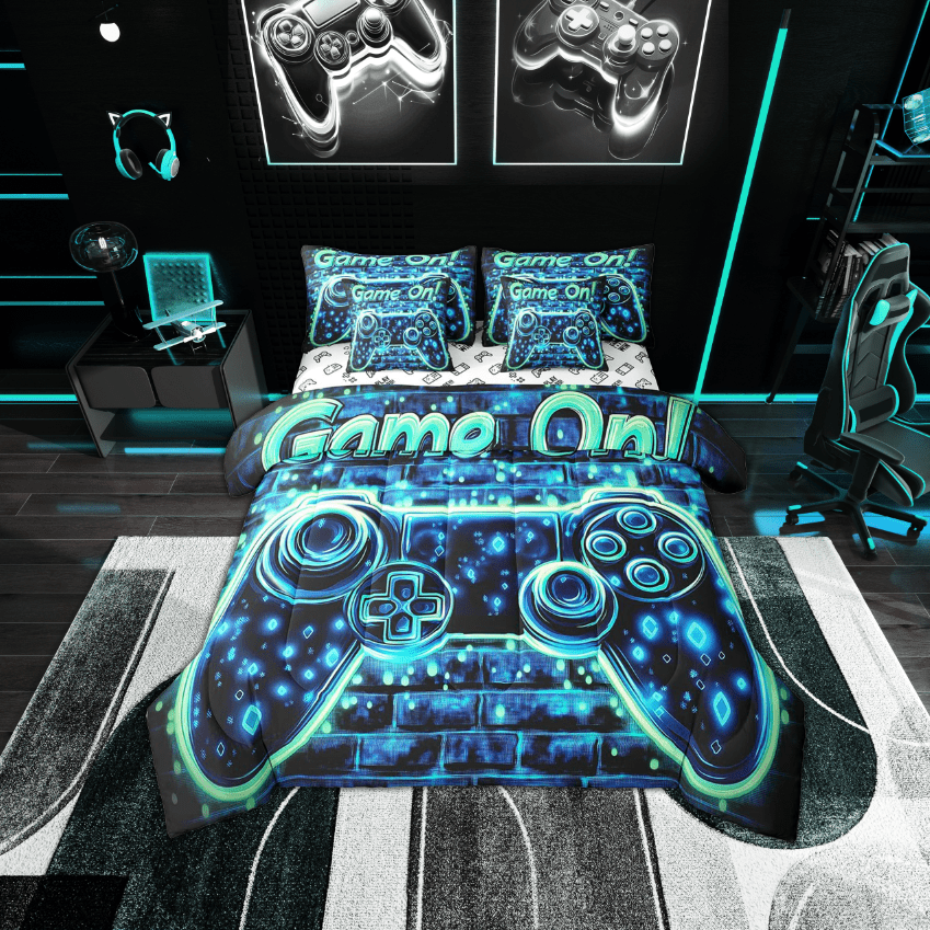 Cool Gamepad Comforter Set Bed in a Bag 7 Pieces Twin, Men Game Bedding Gamer Bedding Set,Modern Game Controller (Comforter+Fitted+Flat Sheet+2 Pillowcases+2 Throw Pillow Covers)