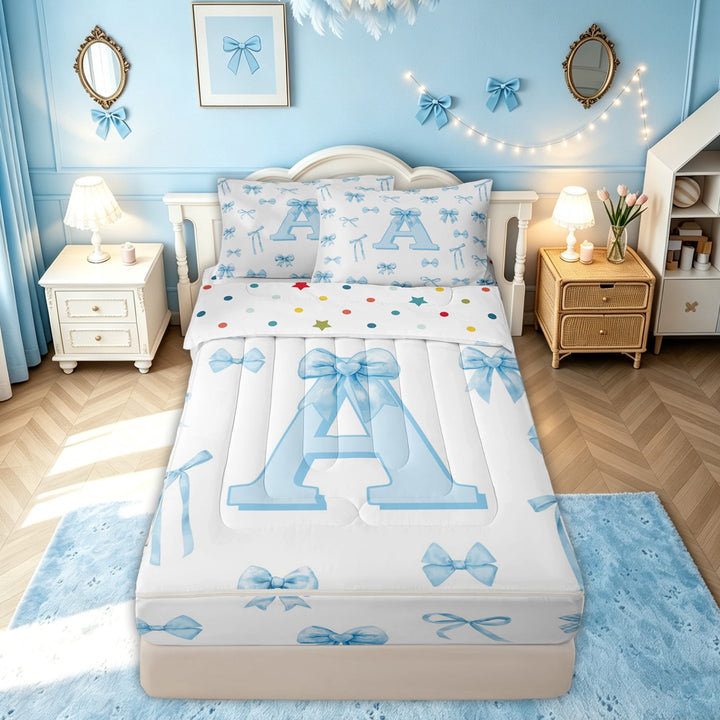 meiyoeat Bow Letter A Zipper Comforter Set with Fitted Sheet and 2 Pillowcases for Girls, Gingham Ribbon Zipper Bedding Set for Bedroom, Blue, Polkadot Reversible, 3pcs