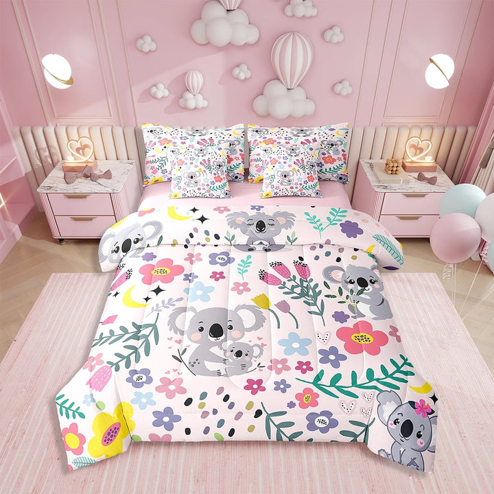 Floral Koala Comforter Set Full Size 7 Piece Bed in A Bag Kawaii Koala Family Bedding Set Teens Animal Quilt Super Soft All Season for Bedroom