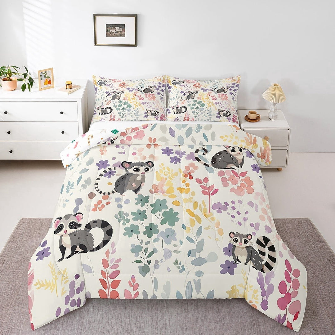 Kawaii Lemur Bedding Set Twin Size,Cartoon Lemur Floral Comforter&amp;nbsp;Set for Kids Girls Boys,Cute Rainbow Flower Quilt Bed Set Animal Print Down Comforter with 1 Pillowcase