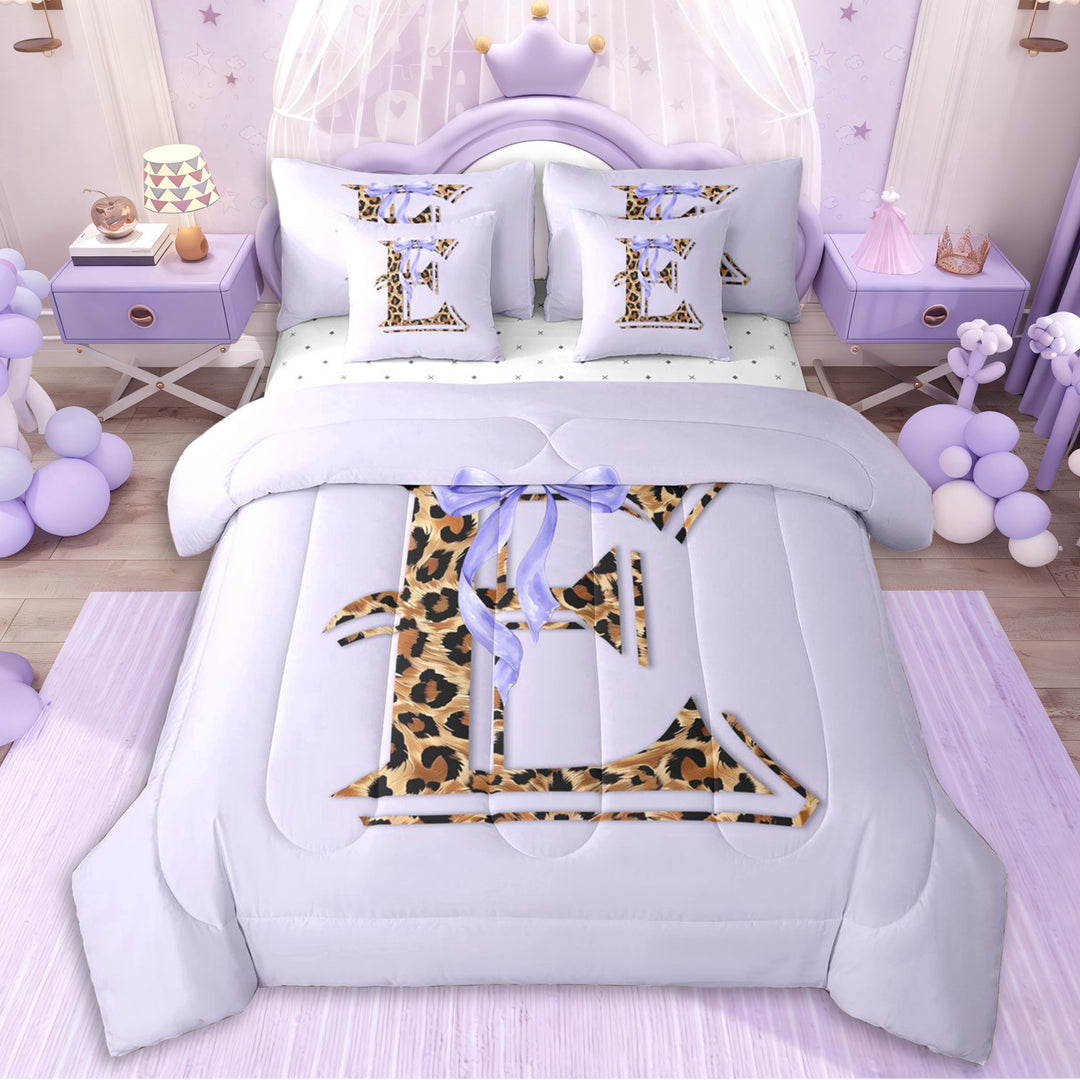 Erosebridal Teens Personalized Initial E Twin Bedding Sets 7-Piece,Girls Purple Bow Cheetah Print Bedding Comforter Set,Microfiber Bedroom Decor