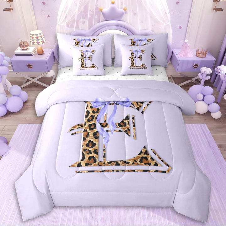 Erosebridal Teens Personalized Initial E Twin Bedding Sets 7-Piece,Girls Purple Bow Cheetah Print Bedding Comforter Set,Microfiber Bedroom Decor
