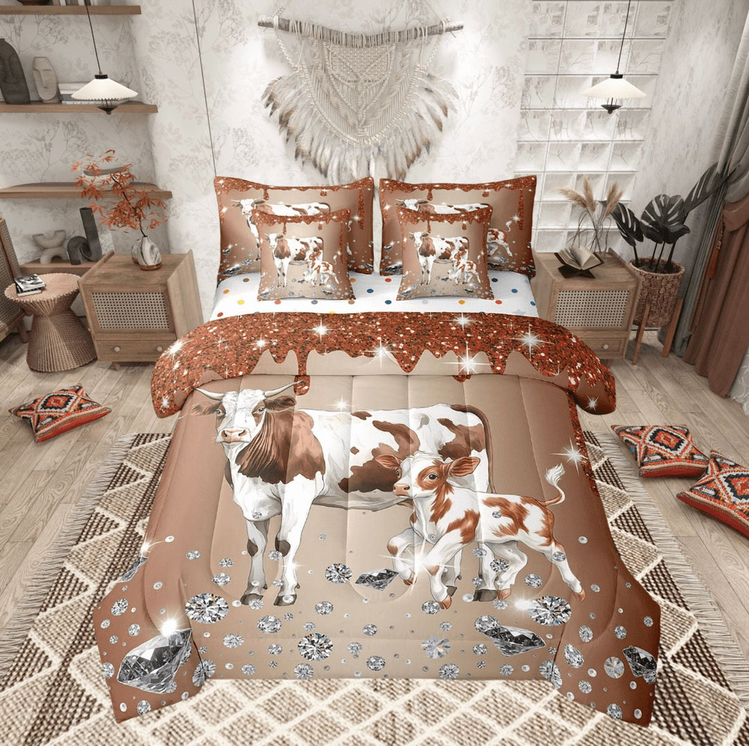 Milk Cow Comforter Set 7 Piece Bed in a Bag Twin,Brown Sequin Fluid Art Bedding Set,Crystal Diamond Comforter and Sheet Set Farm Animals Bed Set,Farmhouse Bull Cattle Western Decor