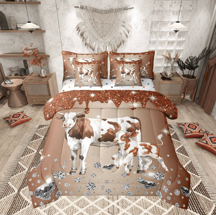 Milk Cow Comforter Set 7 Piece Bed in a Bag Twin,Brown Sequin Fluid Art Bedding Set,Crystal Diamond Comforter and Sheet Set Farm Animals Bed Set,Farmhouse Bull Cattle Western Decor