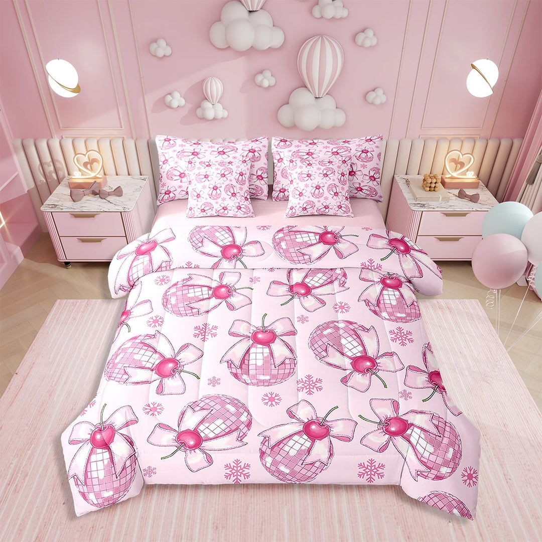 Erosebridal Kawaii Bow Comforter Set with Sheets Pink Disco Crystal Ball Bed in a Bag Western Cowgirl 7 Piece Bedding Set Twin Size Bow Tie Bed Set for All Season
