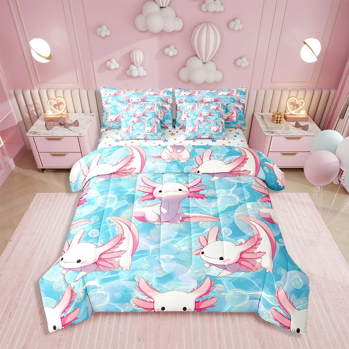Erosebridal Cute Axolotl Comforter Set Twin 7 Pcs Ocean Sealife Cartoon Salamander Bedding Set Kawaii Reptile Animal Sea Underwater World Bed in a Bag with Comforter,Sheets