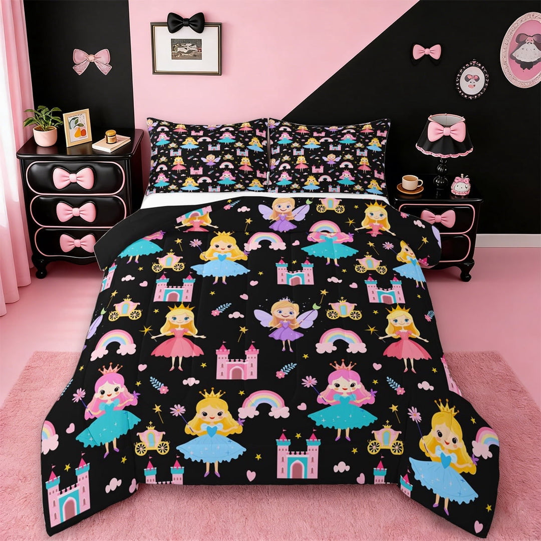Erosebridal Elf Princess Comforter Sets Twin Size,Colorful Cartoon Girl Comforters &amp; Duvets,Castle Rainbow Stars Bedding Twin Comforter Set For Girls,Microfiber Bedroom Decoration Reversible,2-Piece