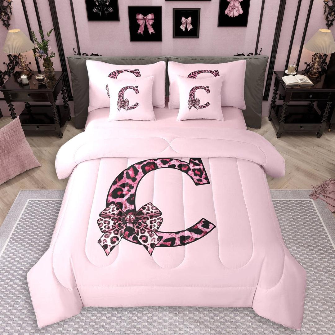Erosebridal Cheetah Print C Personalized Initial Twin Bedding Sets 7-Piece For Teens,Girls Vintage Leopard Print Bowknot Bedding Comforter Set,Pink Reversible