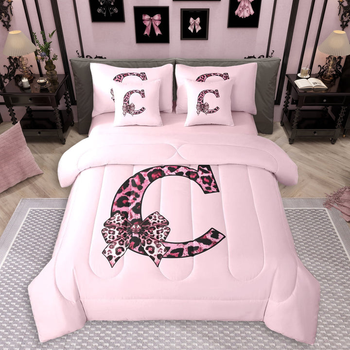 Erosebridal Cheetah Print C Personalized Initial Twin Bedding Sets 7-Piece For Teens,Girls Vintage Leopard Print Bowknot Bedding Comforter Set,Pink Reversible