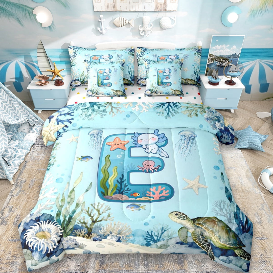 Erosebridal Initial Alphabet E 7-Piece Twin Bedding Sets,Ocean Animal Axolotl Bedding Comforter Set For Kids Boys,Reversible