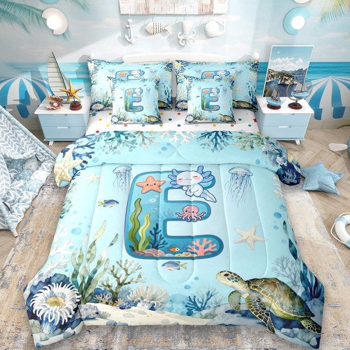 Erosebridal Initial Alphabet E 7-Piece Twin Bedding Sets,Ocean Animal Axolotl Bedding Comforter Set For Kids Boys,Reversible