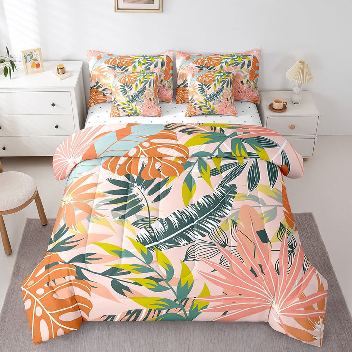 Erosebridal Palm Tree Leaves Queen Comforter Set 7pcs Tropical Jungle Bedding Comforter Sets, Botanical Plants Bed in a Bag Colorful Leaf Bedding Set, Pink Green Orange Bed Sheets Set