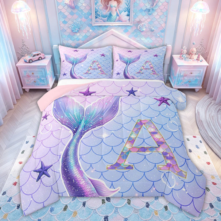 meiyoeat Mermaid Scale A Initial Full Size Comforter Sets for Girls, Ocean Starfish Bedding Comforter Set, Purple Blue, Pink Reversible 3pcs, 1 Comforter and 2 Pillowcases