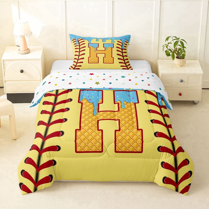 Erosebridal Light Blue Dripping Baseball Stitch &amp; Waffle Letter H Graphic Twin Comforter Sets 3-Piece, Alphabet Graphic Bedding Set for Boys And Girls Kids,Super Cozy Room Decor