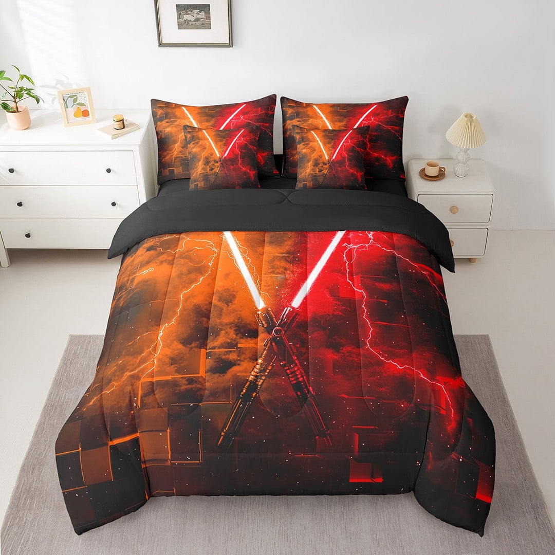Erosebridal Teens Lightning Bedding Sets Twin Size, Square Geometry Comforter Sets with Sheets, Orange Red, Reversible 7 Pieces