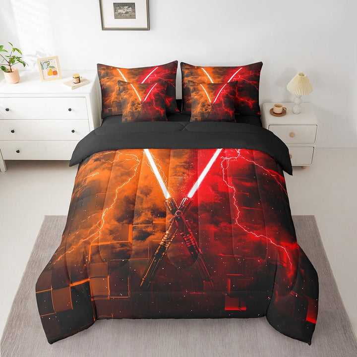 Erosebridal Teens Lightning Bedding Sets Twin Size, Square Geometry Comforter Sets with Sheets, Orange Red, Reversible 7 Pieces