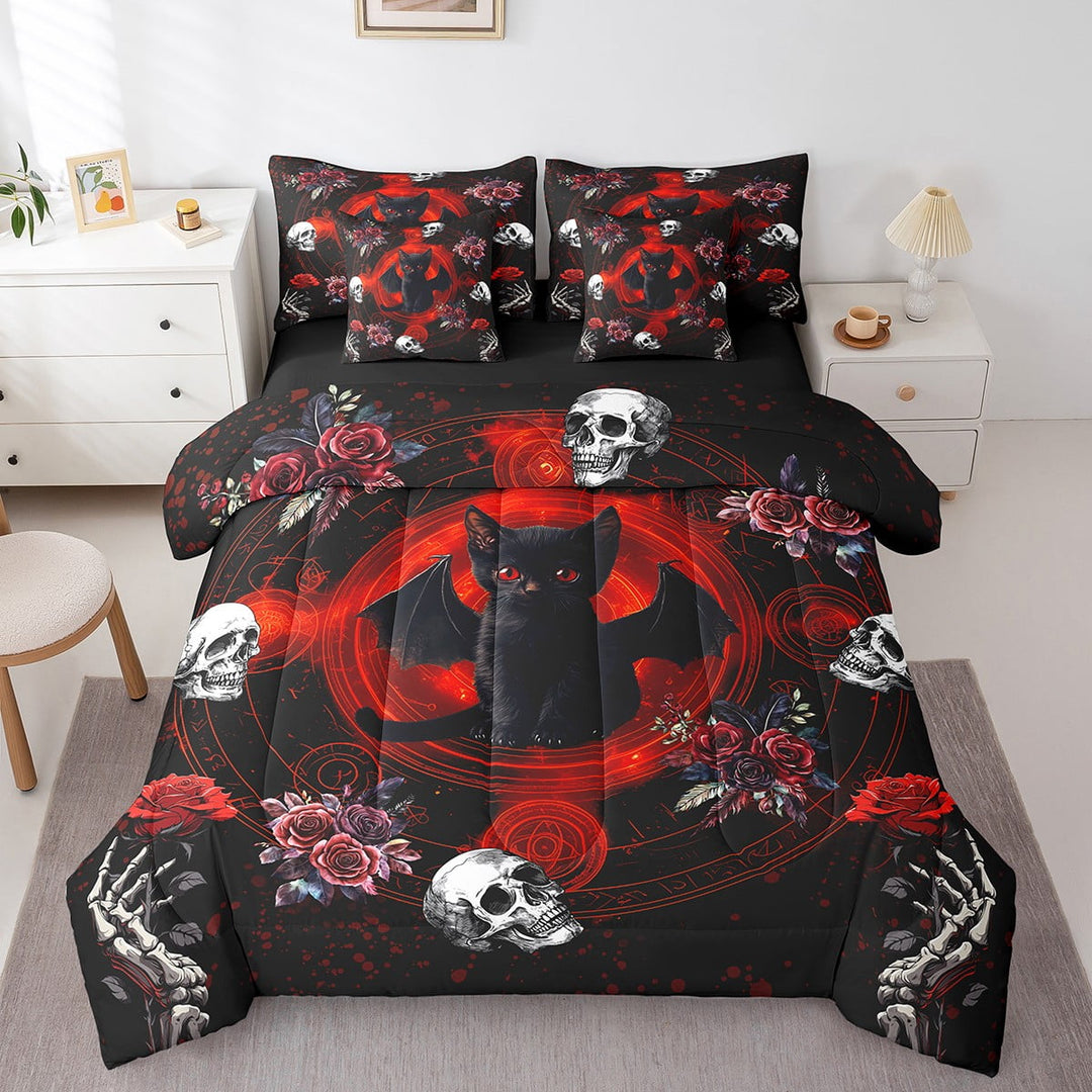 Manfei Boys Girls Animal Black Cat Bat Twin Bedding Sets 7-Piece,Cothic Style Floral Rose Bedding Comforter Set Microfiber,Halloween Flower Skull Breathable Sheet Sets,Ultra Soft Home Decor