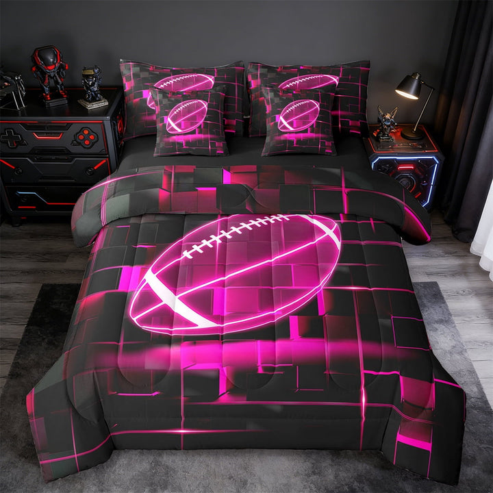 Erosebridal Girls Rubgy Bed in a Bag Twin Size,Sports Game Bed Set,Pink Geometric Glowing Plaid Bedding Twin Size,Microfiber Bedroom Decor Reversible,7 Pieces