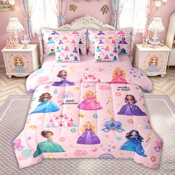 meiyoeat Cute Princess Castle Full Size Bedding Sets for Kids Girls, Magical Rainbow Flower Full Size Bed in a Bag, Pink, Pink Reversible, 7-Piece