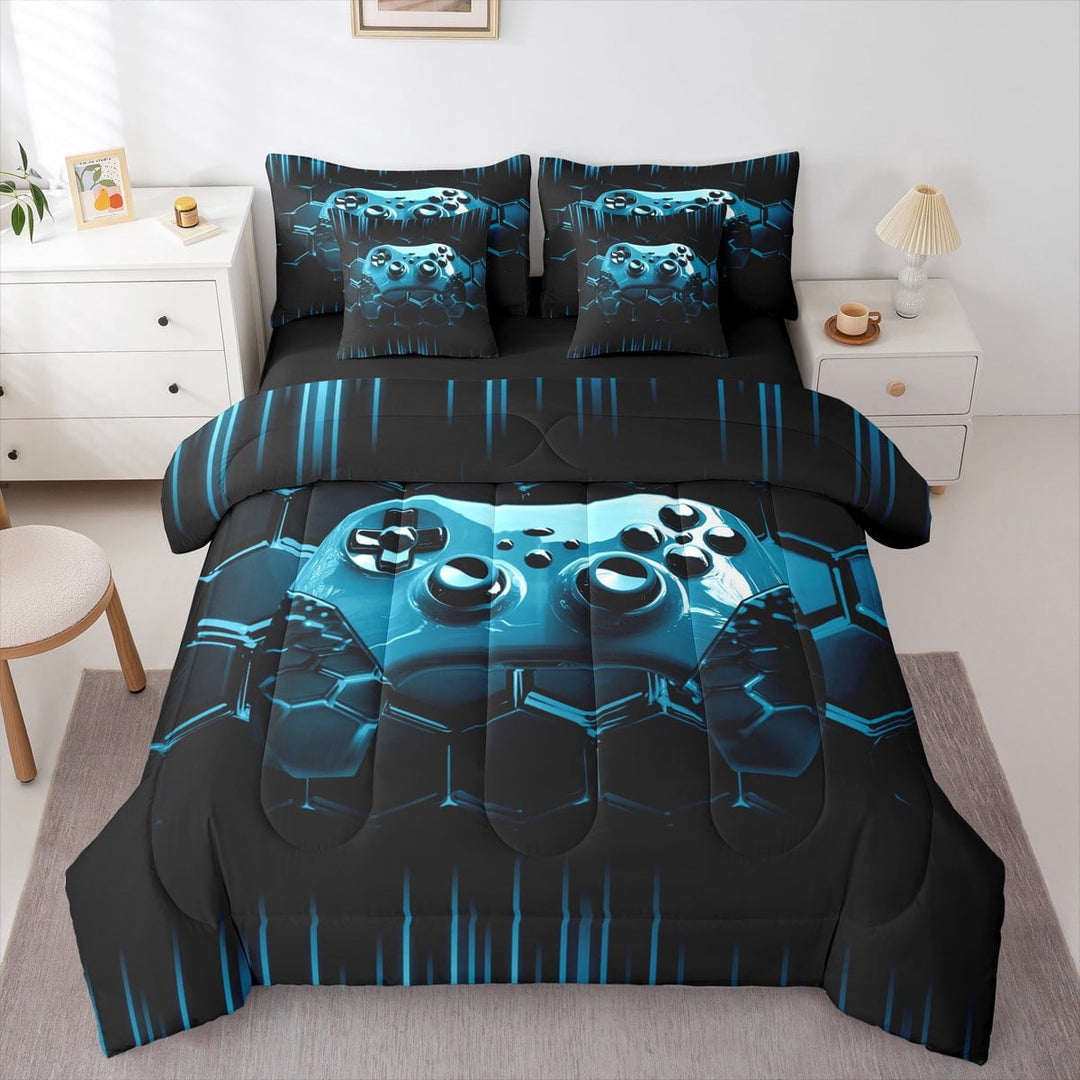 Gaming Bedding Sets Set 7 Piece Blue Gamer Bed in a Bag Twin Honeycomb Gaming 3D Comforter Set with Sheets Blue Geometric Bed Set Teen Cool Video Game Room Decor Sheet Set
