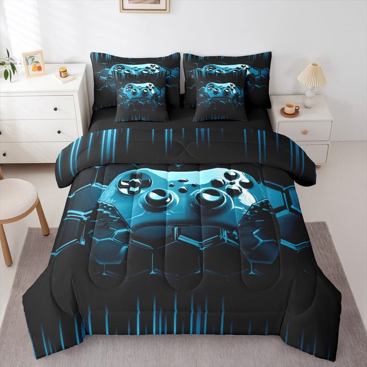 Gaming Bedding Sets Set 7 Piece Blue Gamer Bed in a Bag Twin Honeycomb Gaming 3D Comforter Set with Sheets Blue Geometric Bed Set Teen Cool Video Game Room Decor Sheet Set