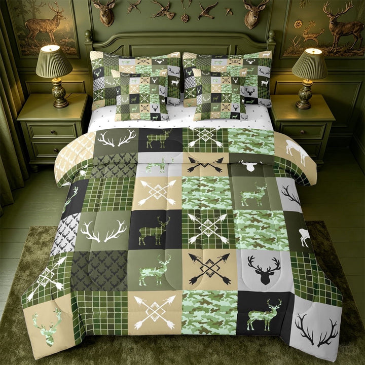 meiyoeat Green Camo Deer Silhouette 7-Piece King Bedding For Kids,Vintage Farmhouse Camouflage Hunting King Bed in a Bag,Reversible