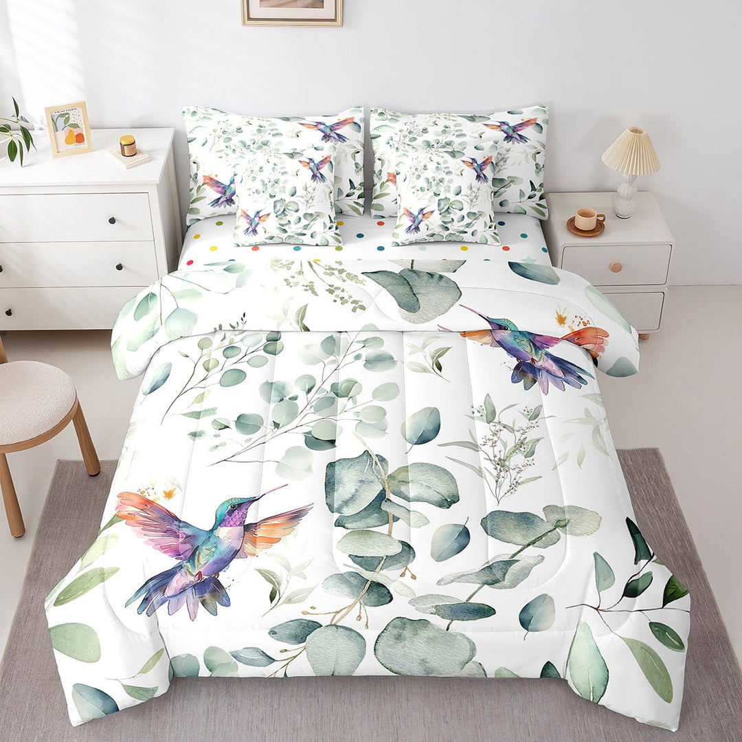 Cartoon Hummingbird Twin Comforter Set 7 Pieces Wildlife Bird Bedding Comforter Sets, Spring Bed in a Bag Eucalyptus Leaf Bedding Set, Jungle Animal Theme Bed Sheets Set Room Decor