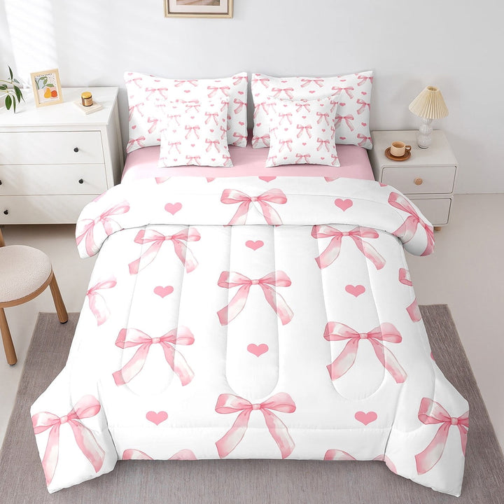 Erosebridal Pink Bow Tie Bedding Sets Twin Size,Love Heart Comforter Sets with Sheets,Kawaii Bow Bed in a Bag Twin size,Super Cozy Bowknot Bedroom Decorative,Reversible,7pcs