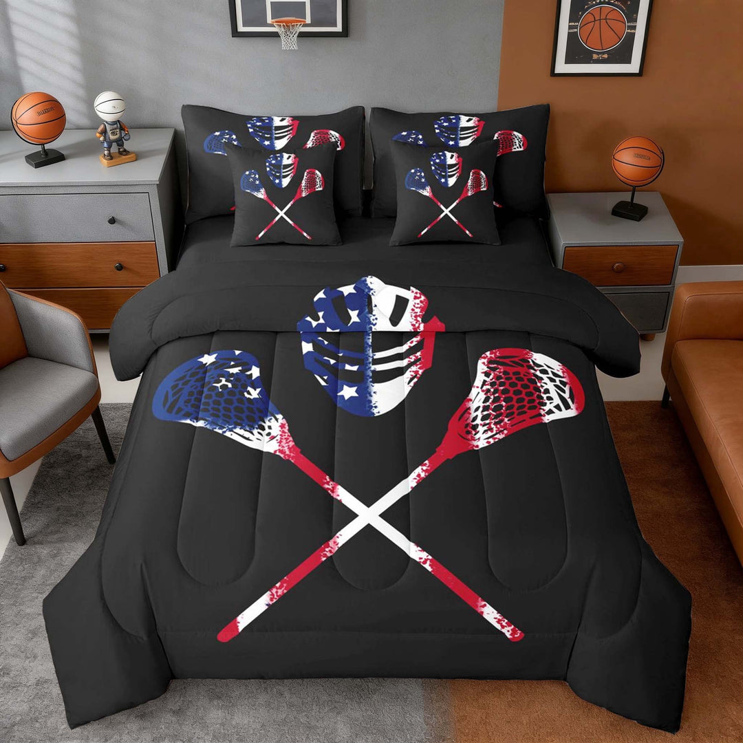 Erosebridal USA Lacrosse Bedding Comforter Set, Sport Full Bedding Set for Men and Boys, Black Reversible 7 Pieces