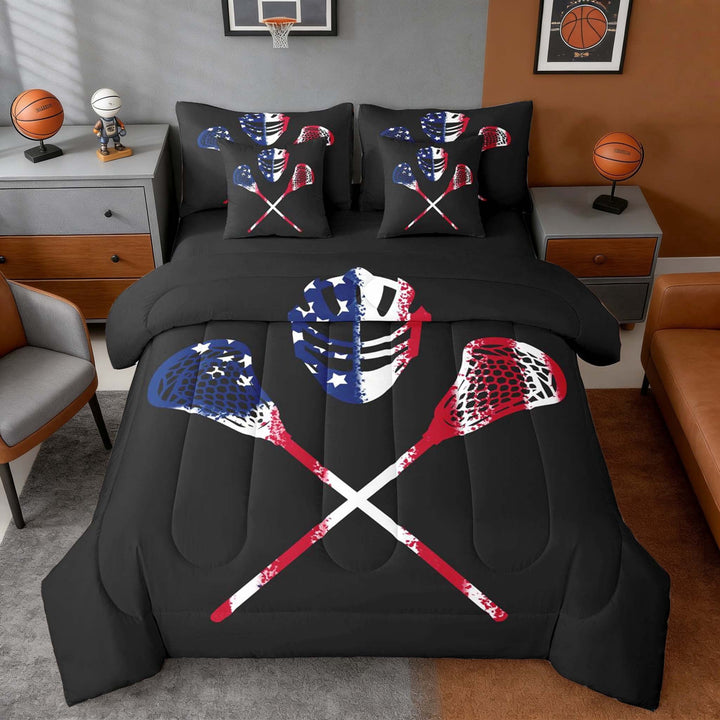 Erosebridal USA Lacrosse Bedding Comforter Set, Sport Full Bedding Set for Men and Boys, Black Reversible 7 Pieces