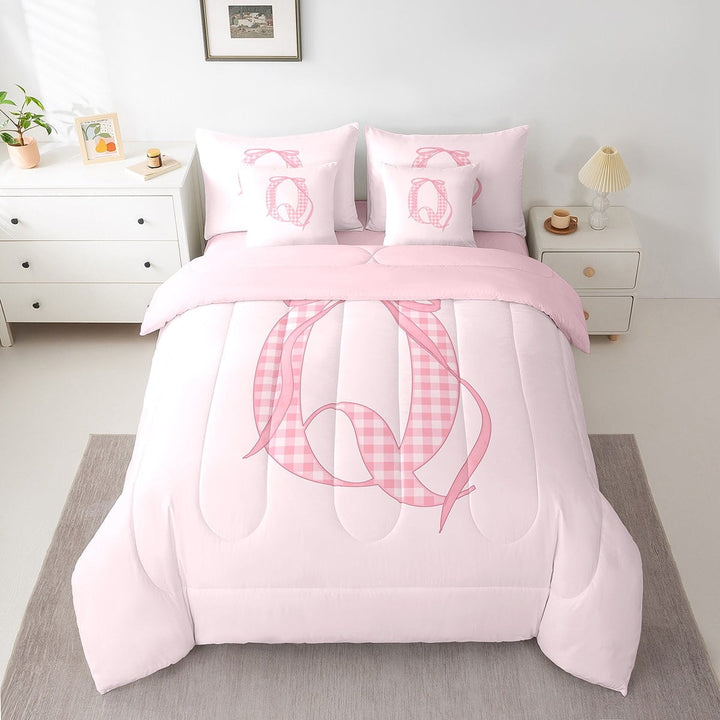 Erosebridal Pink Bow Bed in a Bag Twin size, Initial Q Bed Set, Princess Room Decor, Reversible 7-Piece