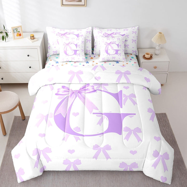 Erosebridal Initial G Letter Bed in a Bag Twin size, Purple Bow Bed Set, Chic Monogrammed Reversible Bedding Twin Size, Breathable Bedroom Decor, 7-Piece