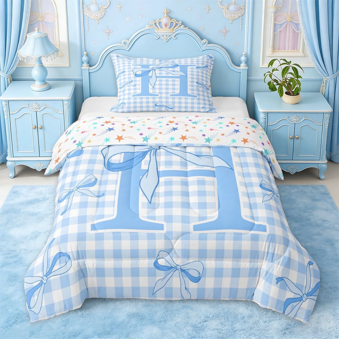 Erosebridal Blue Dreamy Princess Style Twin Comforter Sets For Kids,Girls Ribbon Bow Initial Letter H Alphabet Bedding Set,Colorful Stars Reversible,2-Piece