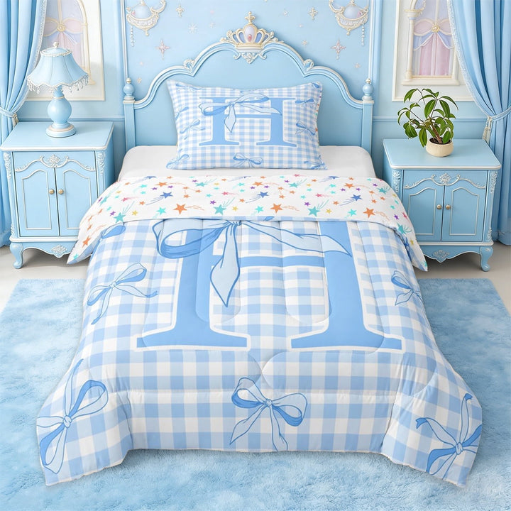 Erosebridal Blue Dreamy Princess Style Twin Comforter Sets For Kids,Girls Ribbon Bow Initial Letter H Alphabet Bedding Set,Colorful Stars Reversible,2-Piece